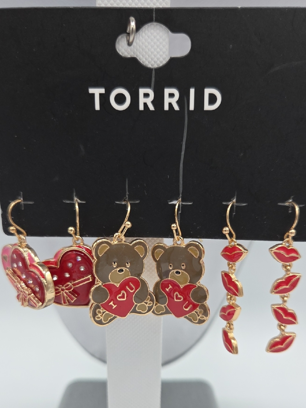 5 for $25! Torrid Gold-Tone Earrings Set Red Enamel Hearts, Bears, and Lip Drops